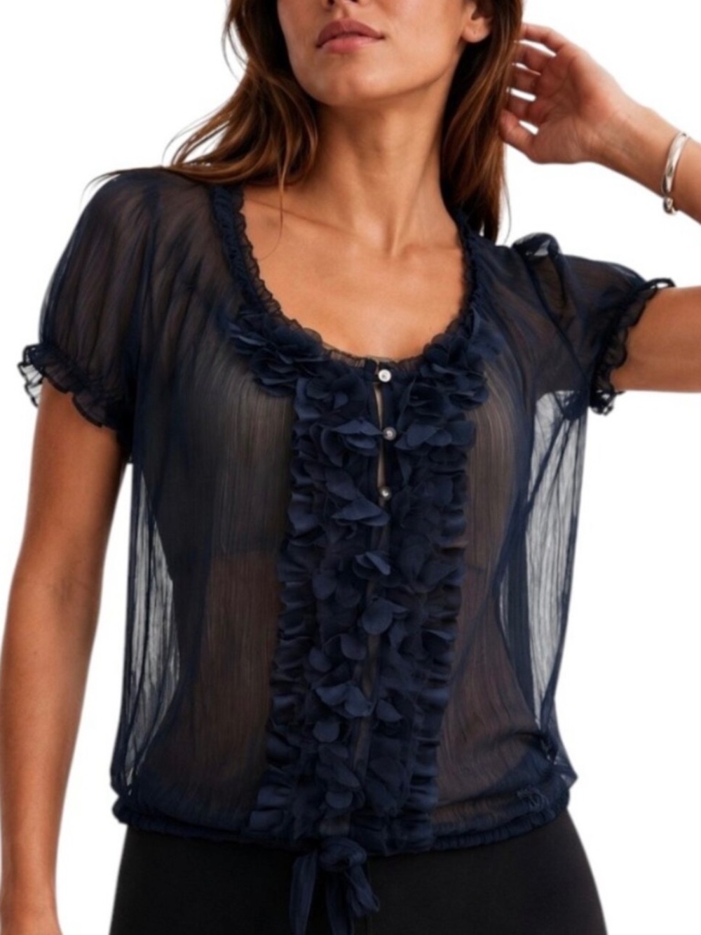 Women's Abercrombie & Fitch Y2K Navy Blue Sheer Peasant Blouse Ruffle Front Sz L